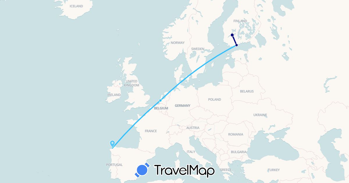 TravelMap itinerary: driving, boat in Spain, Finland, Netherlands (Europe)